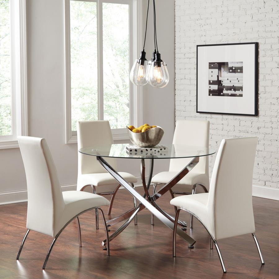 (image for) Beckham 5-piece Round Glass Top Dining Set Chrome and White - Click Image to Close