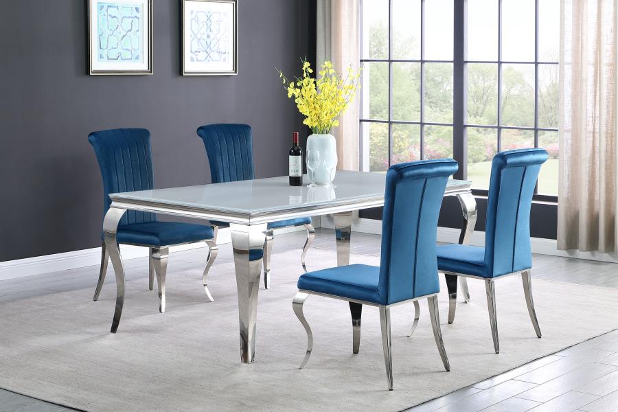 (image for) Carone 5-piece 81" Rectangular White Glass Dining Set Teal - Click Image to Close