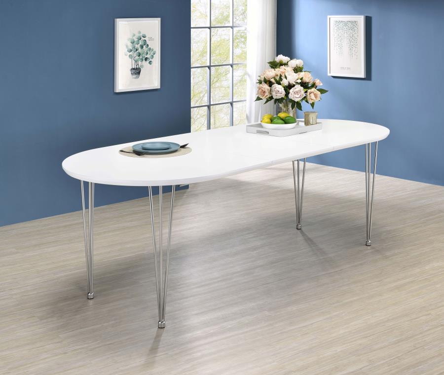 (image for) Heather Oval Dining Table with Hairpin Legs Matte White and Chrome