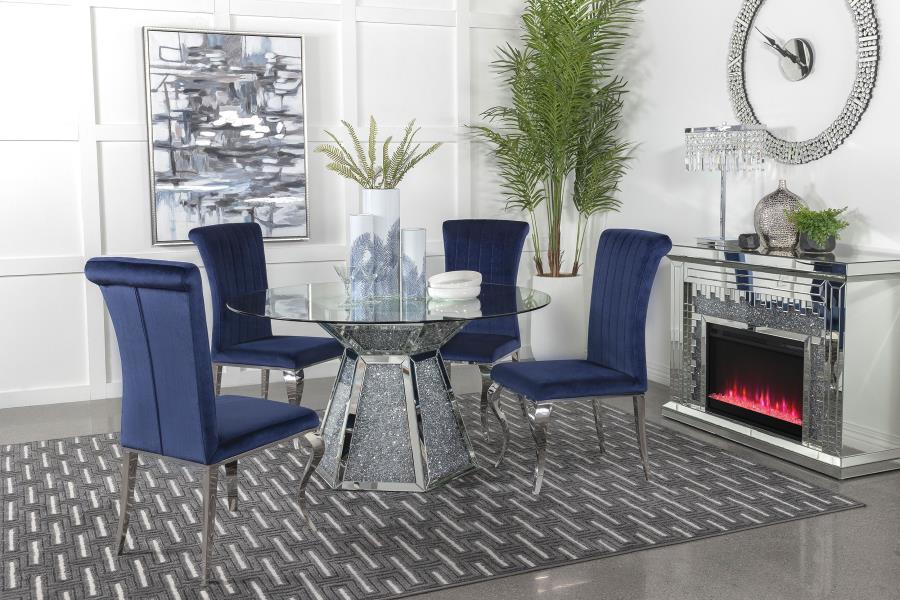 (image for) Quinn 5-piece Round Glass Top Mirrored Dining Set Ink Blue - Click Image to Close