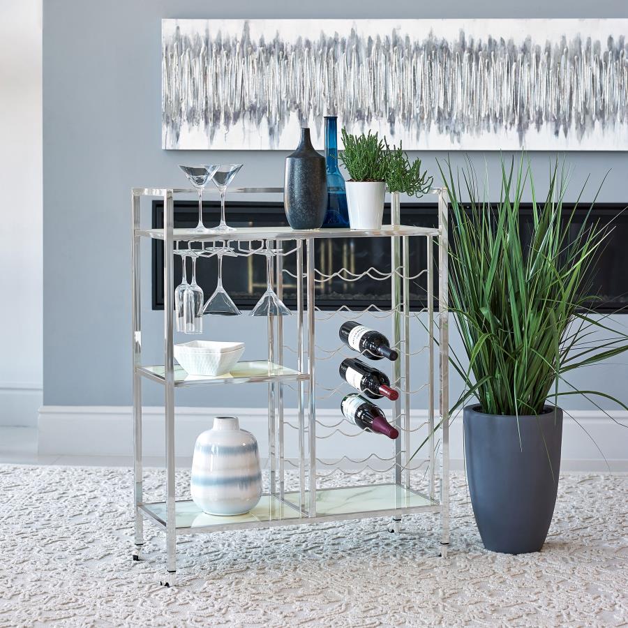 (image for) Derion 3-tier Rectangular Glass Shelf Metal Bar Cart Chrome