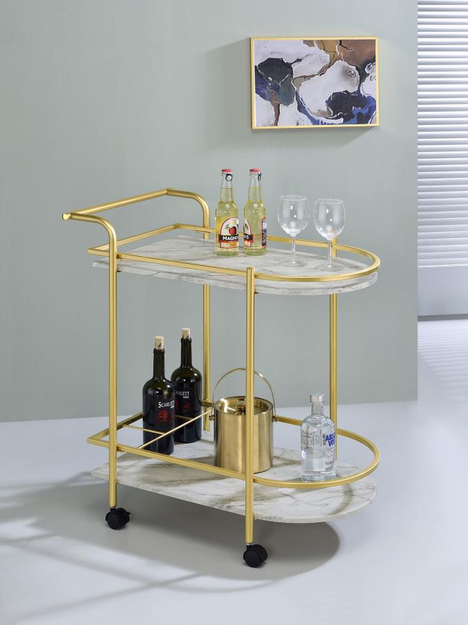 (image for) Desiree 2-tier Faux Marble Shelf Metal Bar Cart Gold