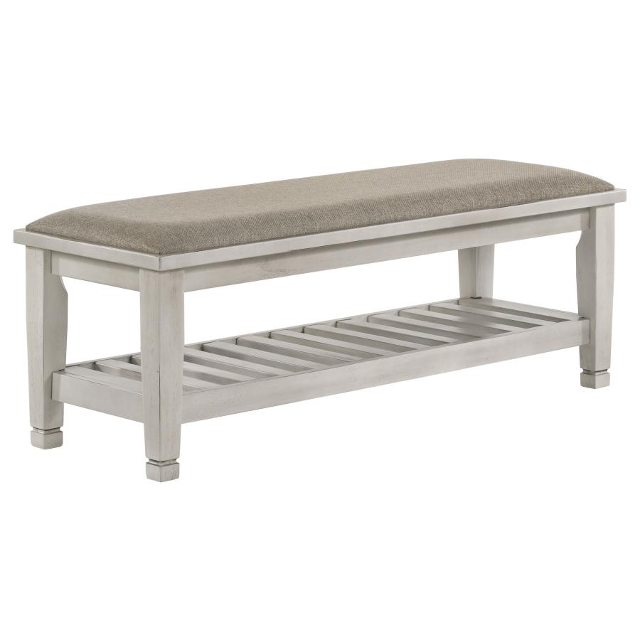 (image for) Franco Fabric Upholstered Bench with Shelf Distressed White - Click Image to Close