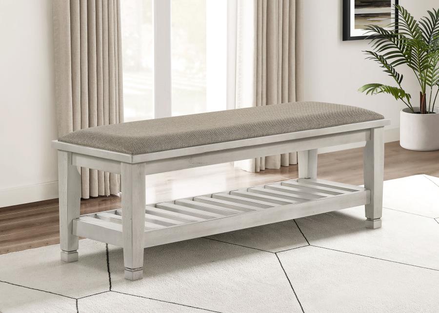 (image for) Franco Fabric Upholstered Bench with Shelf Distressed White