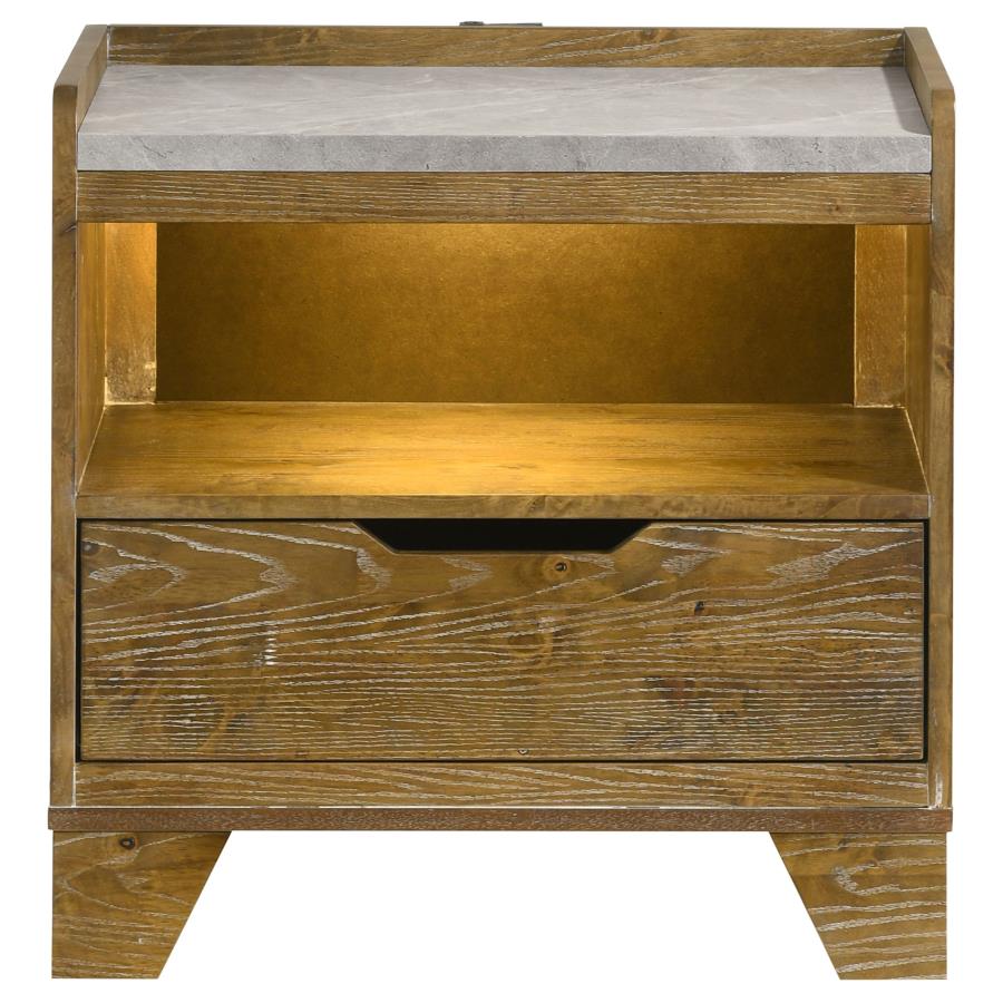 Henderson 1-drawer LED Nightstand Bedside Table Medium Oak