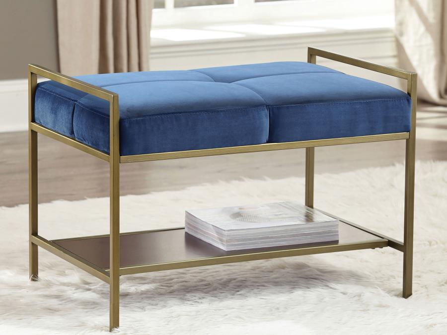 (image for) Maria Velvet Upholstered Bench with Shelf Navy Blue and Gold