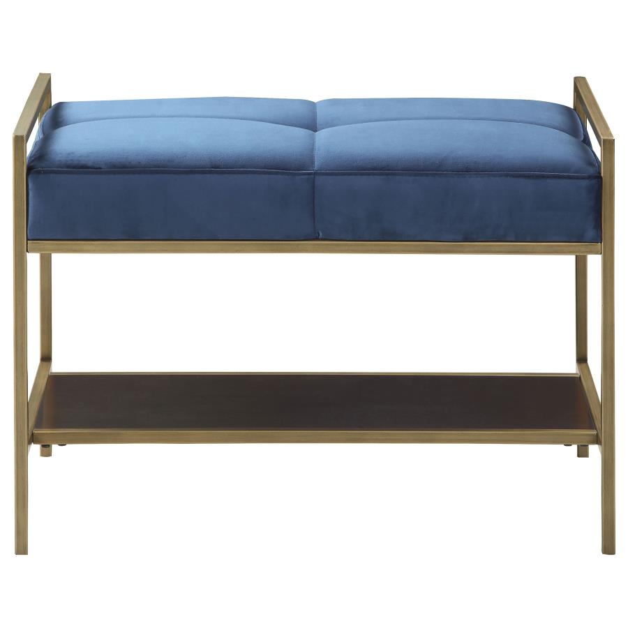 (image for) Maria Velvet Upholstered Bench with Shelf Navy Blue and Gold