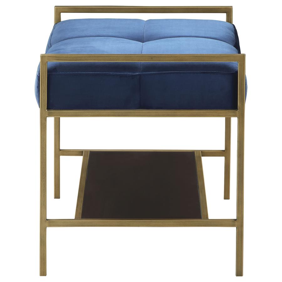 (image for) Maria Velvet Upholstered Bench with Shelf Navy Blue and Gold