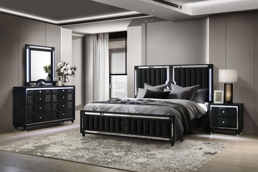 (image for) Ravenne 4-piece Velvet Upholstered Eastern King LED Bedroom Set Black