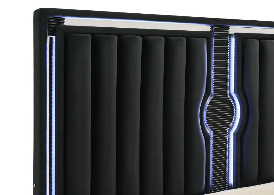 Ravenne Velvet Upholstered Queen LED Panel Bed Black