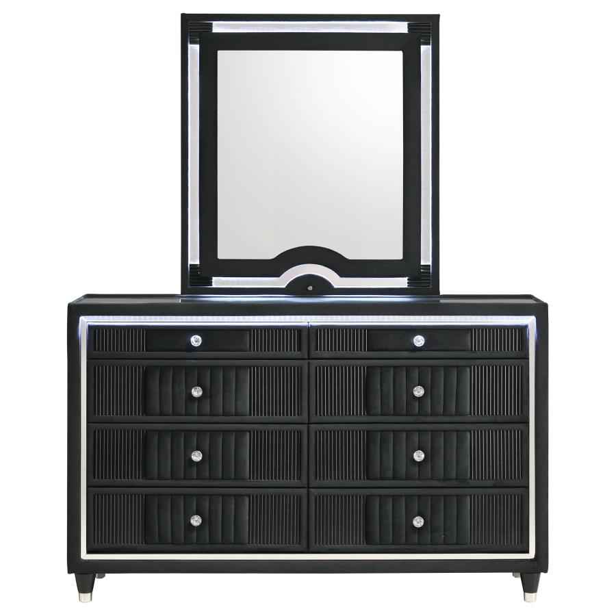 Ravenne 8-drawer Velvet Upholstered LED Dresser and Mirror Black