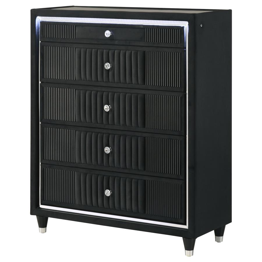 Ravenne 5-drawer Velvet Upholstered LED Chest of Drawers Black