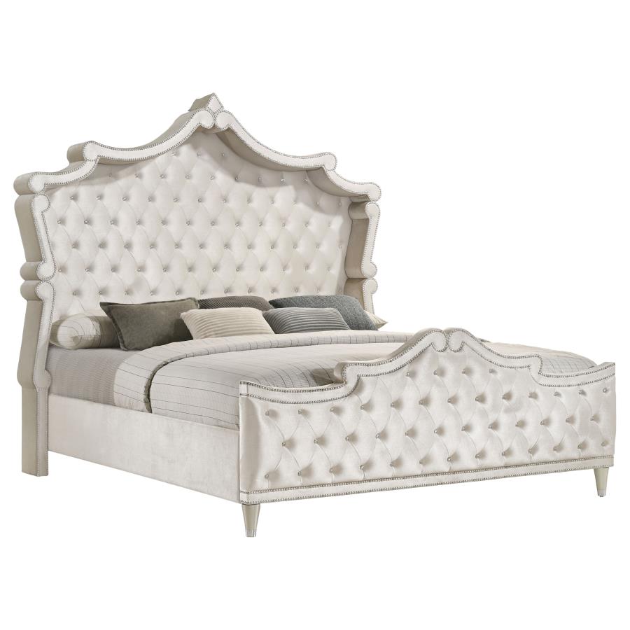 (image for) Antonella Upholstered Eastern King Panel Bed Ivory and Camel - Click Image to Close