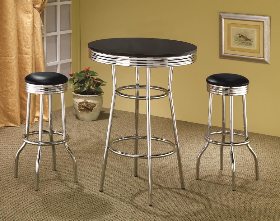 (image for) Retro 3-piece Round 1950s Bistro Pub Bar Table Set Black - Click Image to Close