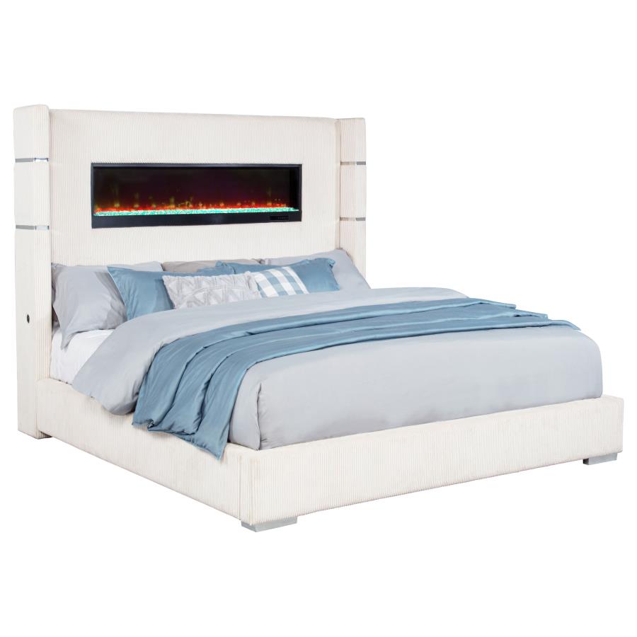 Tisdall Upholstered Eastern King Flame Visualizer Bed Cream