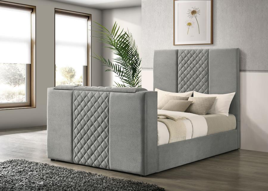 Tara 61-inch Upholstered Queen Panel TV Bed Grey