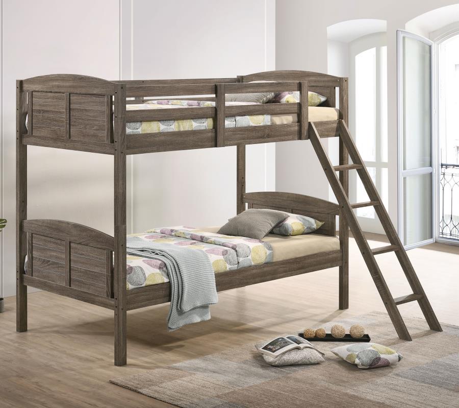 (image for) Flynn Wood Twin Over Twin Bunk Bed Weathered Brown