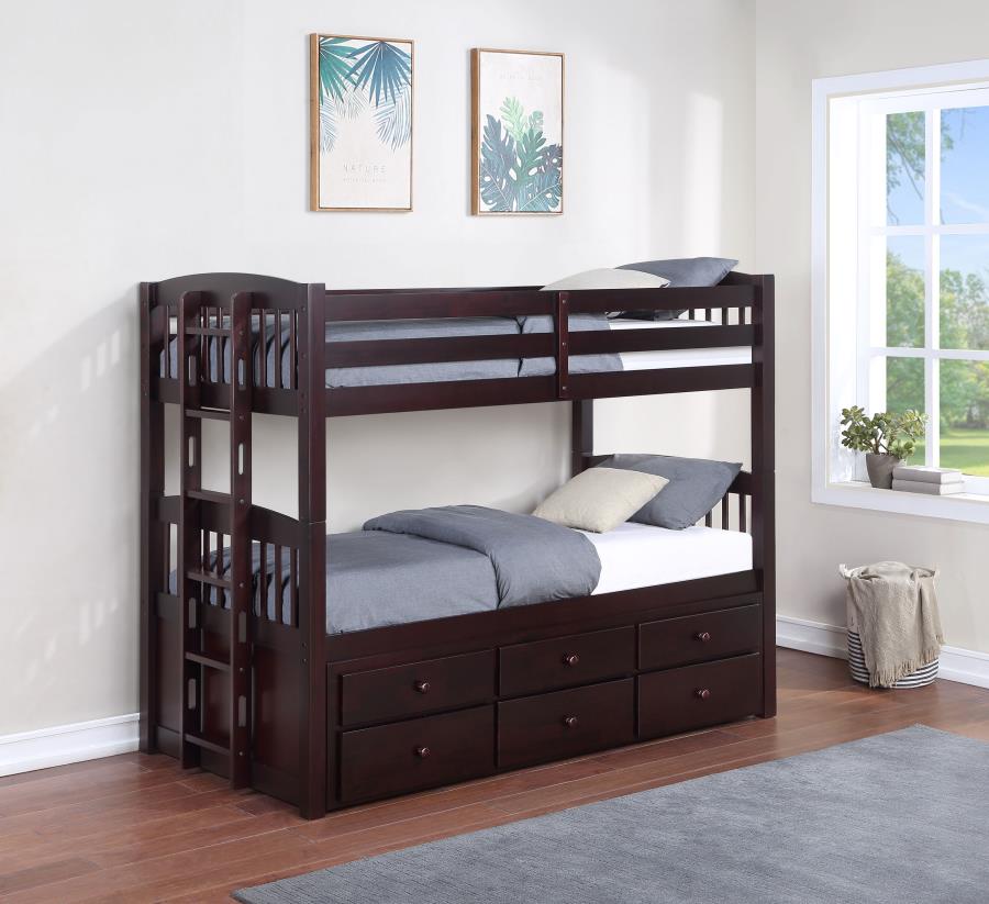 (image for) Kensington Twin Over Twin Bunk Bed with Trundle Cappuccino