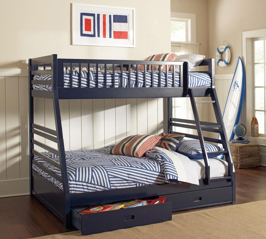 (image for) Ashton 2-drawer Wood Twin Over Full Bunk Bed Navy Blue