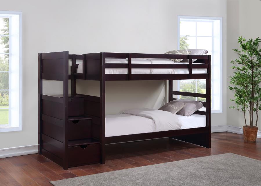 (image for) Elliott Wood Twin Over Twin Stairway Bunk Bed Cappuccino