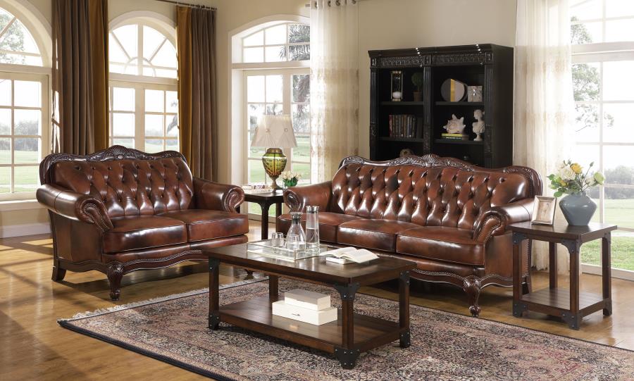 (image for) Victoria 2-piece Full Leather Upholstered Sofa Set Brown