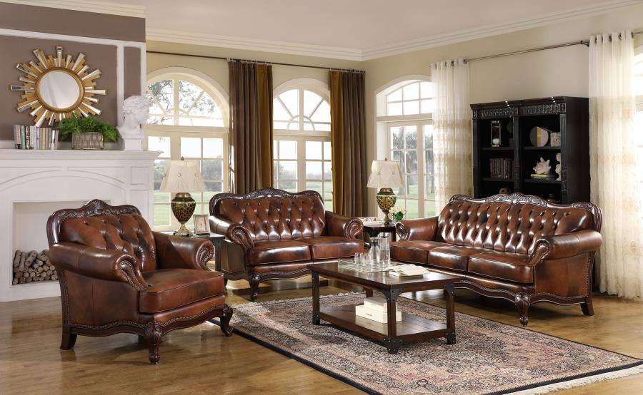 (image for) Victoria 3-piece Full Leather Upholstered Sofa Set Brown - Click Image to Close