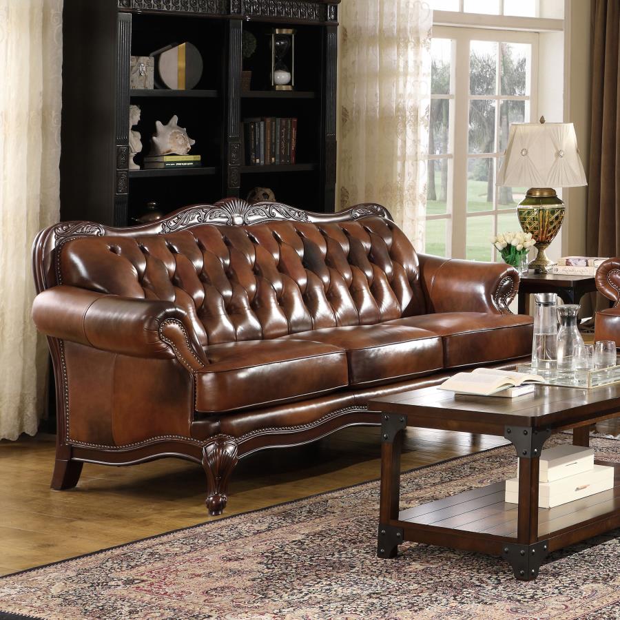 (image for) Victoria Full Leather Upholstered Rolled Arm Sofa Brown