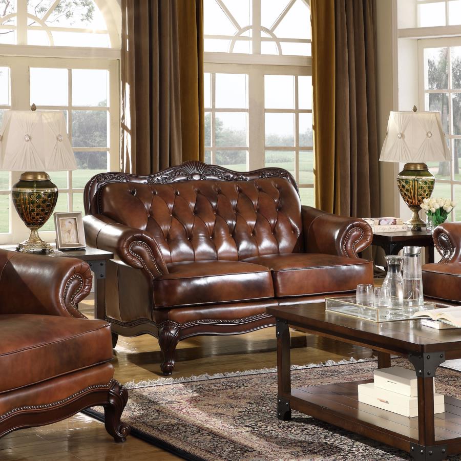 (image for) Victoria Full Leather Upholstered Rolled Arm Loveseat Brown