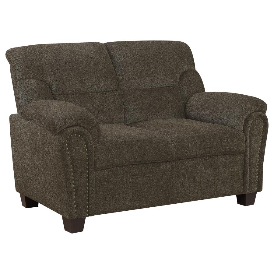 (image for) Clementine Upholstered Padded Arm Loveseat Brown - Click Image to Close