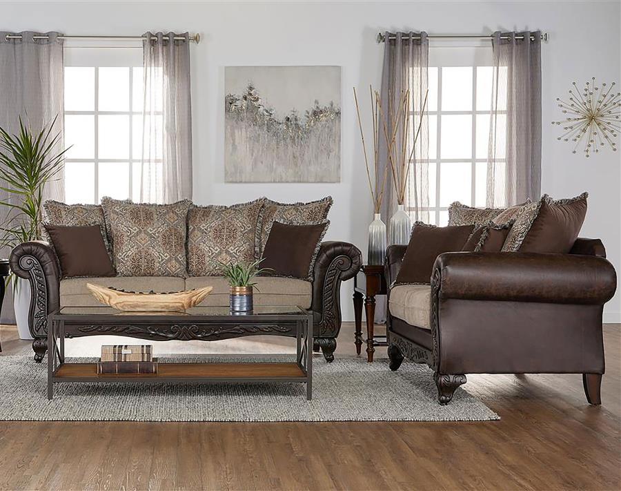 (image for) Elmbrook 2-piece Upholstered Rolled Arm Sofa Set Brown - Click Image to Close