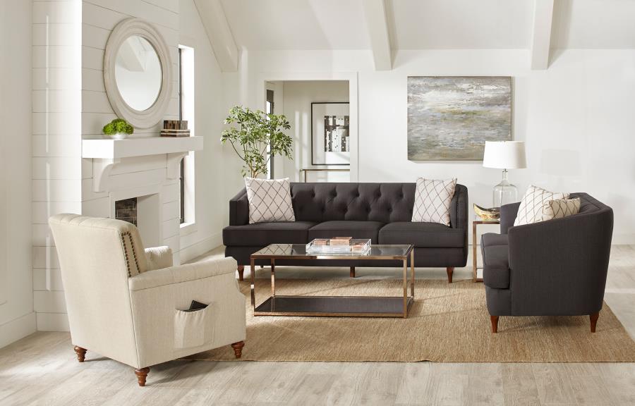 (image for) Shelby Recessed Arm and Tufted Tight Back Loveseat Grey and Brown