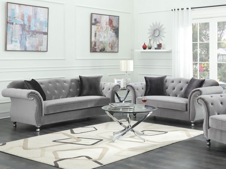 (image for) Frostine 2-piece Upholstered Tufted Sofa Set Silver