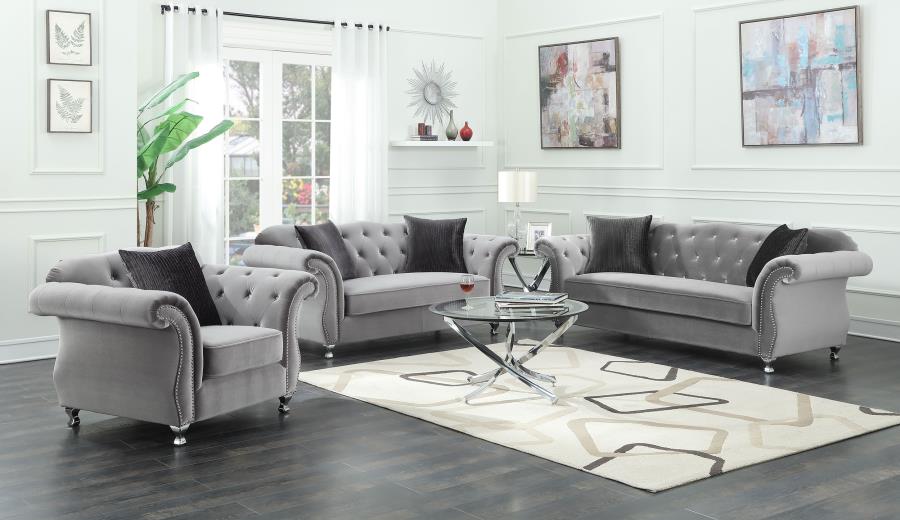 (image for) Frostine 3-piece Upholstered Tufted Sofa Set Silver - Click Image to Close