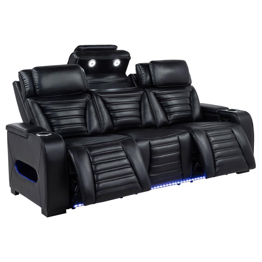Zuma Faux Leather Dual Power Reclining LED Sofa Black