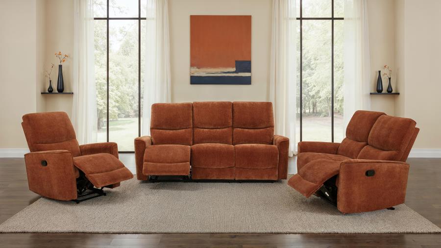 Modal Additional Images for Navarro Chenille Upholstered Reclining Sofa Burnt Orange