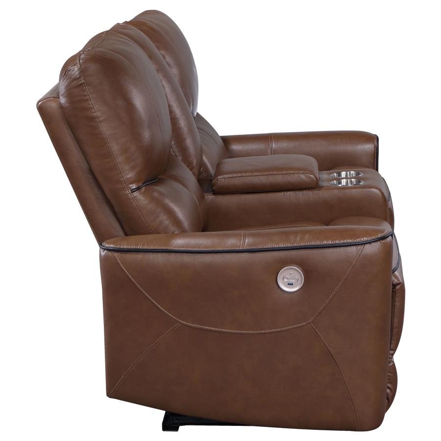 (image for) Greenfield Upholstered Power Reclining Loveseat Saddle Brown