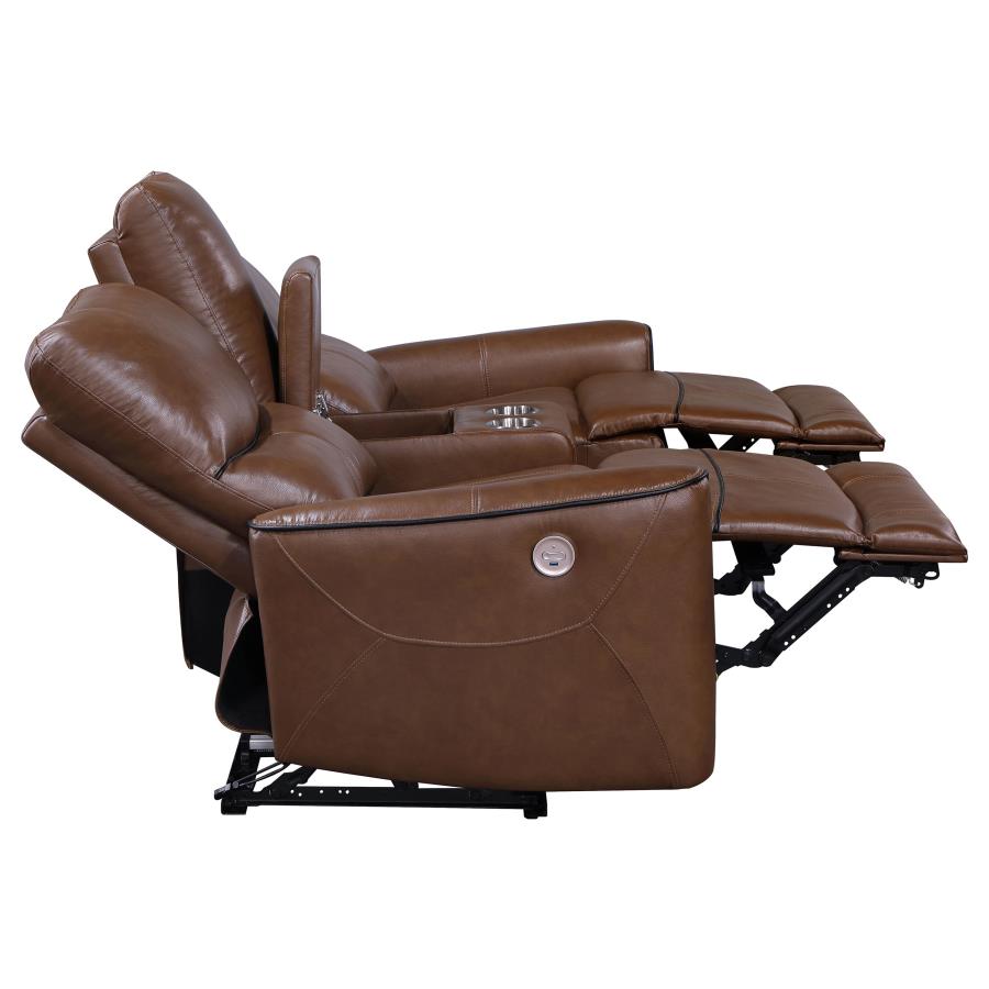 (image for) Greenfield Upholstered Power Reclining Loveseat Saddle Brown