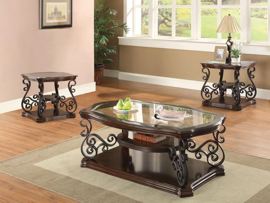 (image for) Laney 3-piece Glass Top Coffee and End Table Set Dark Merlot