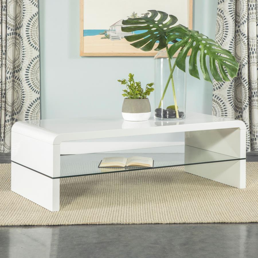 (image for) Airell Rectangular Coffee Table with Shelf White High Gloss