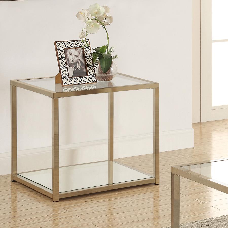 (image for) Cora Glass Top End Table Mirrored Shelf Chocolate Chrome