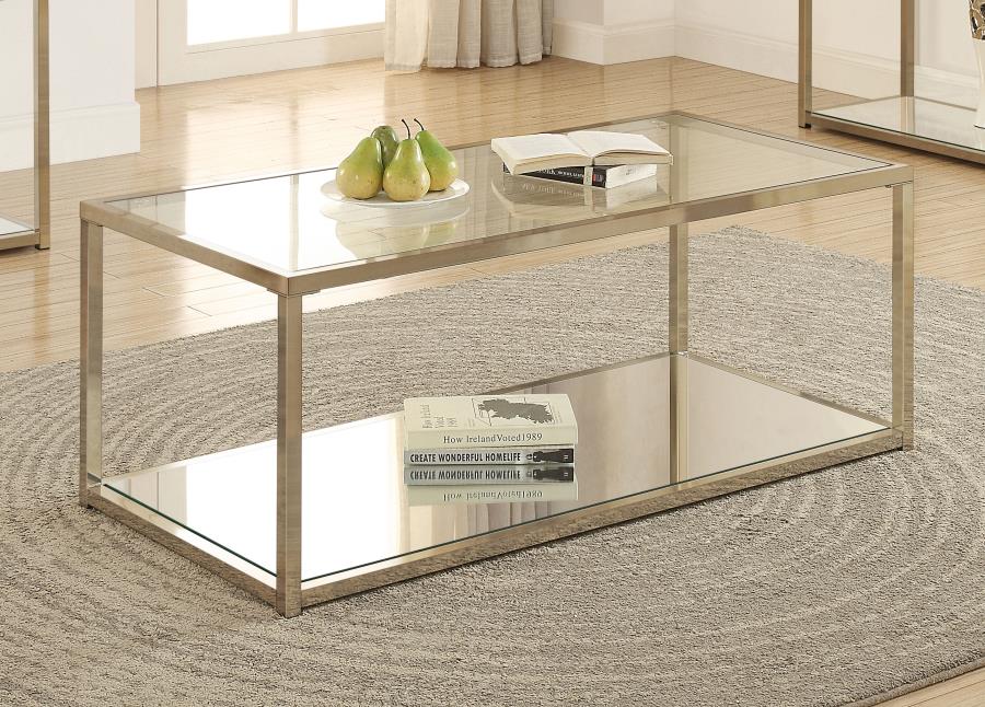 (image for) Cora Glass Top Coffee Table Mirrored Shelf Chocolate Chrome