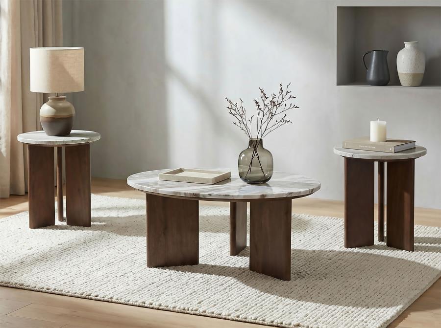 (image for) Jenna 3-piece Round Marble Top Coffee Table Set Brown