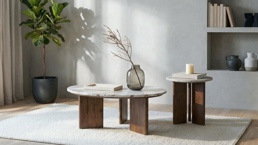 Modal Additional Images for Jenna 35-inch Round Marble Top Cocktail Coffee Table Brown