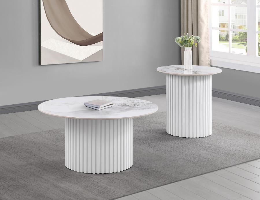 (image for) Rowena Round Sintered Stone End Table White Faux Marble