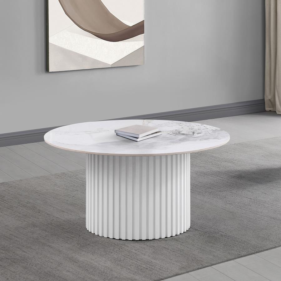 (image for) Rowena Round Sintered Stone Coffee Table White Faux Marble