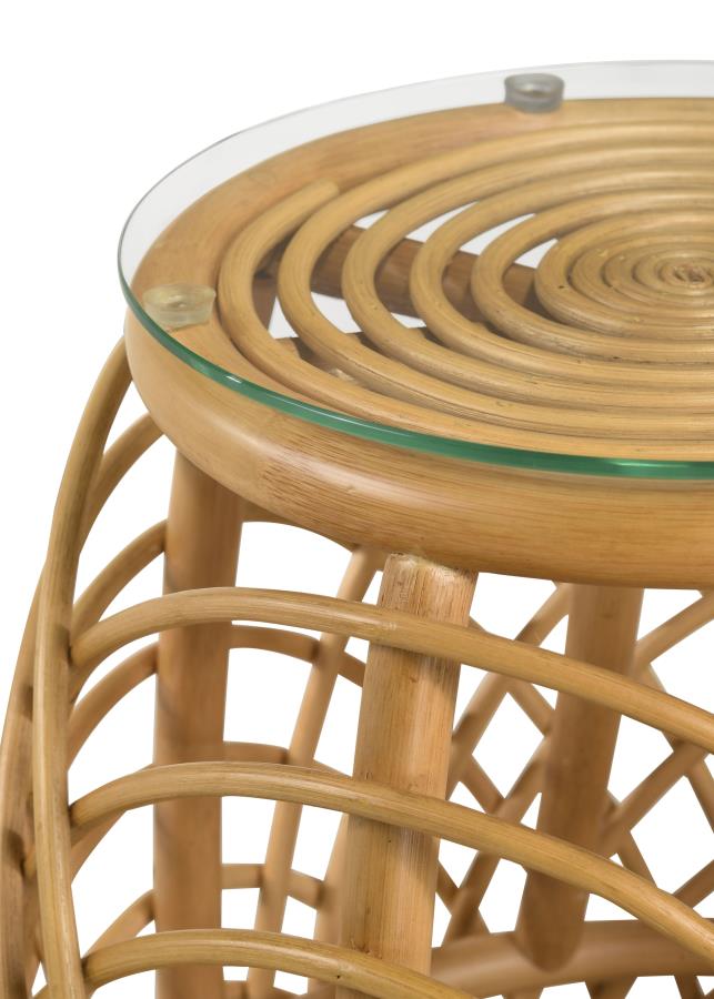 (image for) Dahlia Round Glass Top Woven Rattan End Table Natural