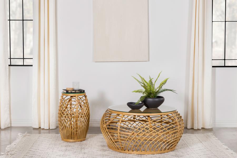 (image for) Dahlia Round Glass Top Woven Rattan End Table Natural