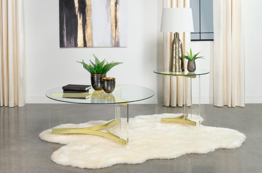 (image for) Janessa Round Glass Top Acrylic Leg Coffee Table Matte Brass