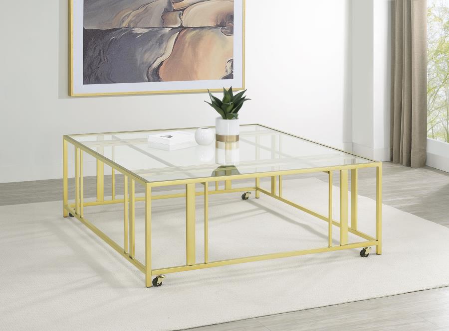 (image for) Adri Square Glass Top Coffee Table with Casters Matte Brass