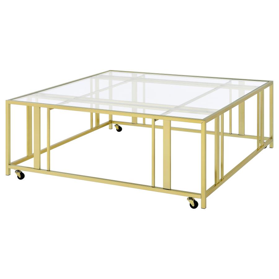 (image for) Adri Square Glass Top Coffee Table with Casters Matte Brass